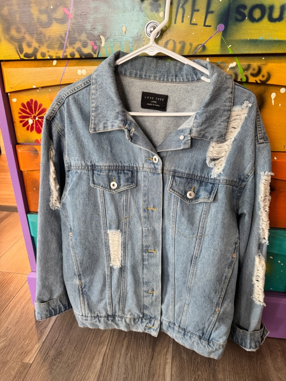 Love Tree Distressed Oversized Denim Trucker Jacket Large